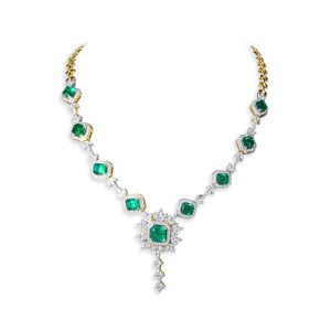 13.49 carat vivid green emerald necklace